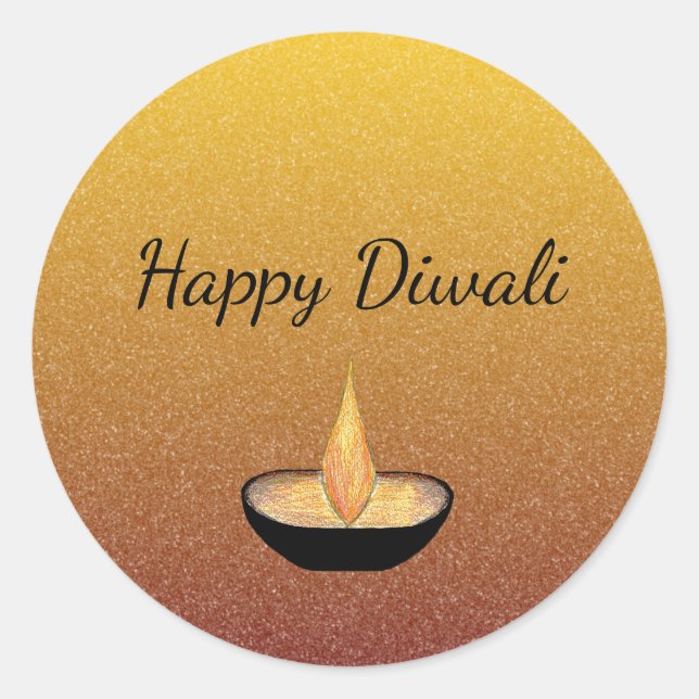 Happy Diwali Gold Glitter Diya Flame Lamp Elegant Classic Round Sticker (Front)