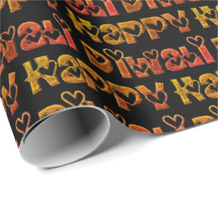 Happy Diwali Greeting Cute Hearts Text Brown Red Wrapping Paper