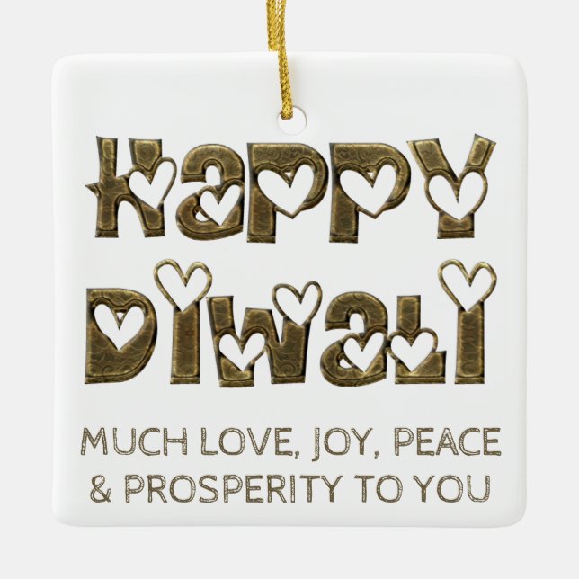 Happy Diwali Greeting Cute Hearts Typography Ceramic Ornament (Front)