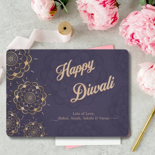 Happy Diwali Greeting Purple Gold Mandala Holiday Card (Creator Uploaded)