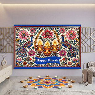Happy Diwali Madhubani Peacocks Lamps Lotus Motifs Banner