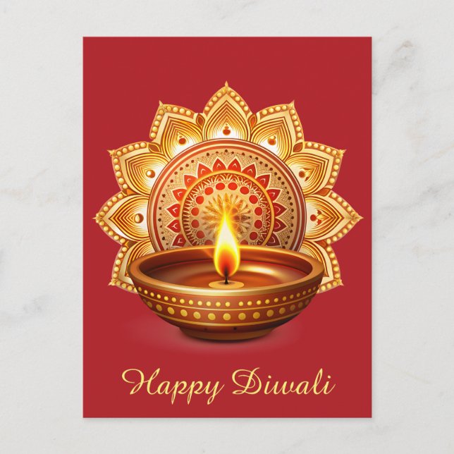 Happy Diwali Mandala Diya Festival of Light Red Holiday Postcard (Front)