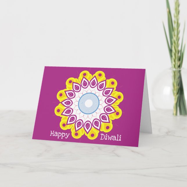 Happy Diwali Mandala Magenta Yellow  Holiday Card (Front)