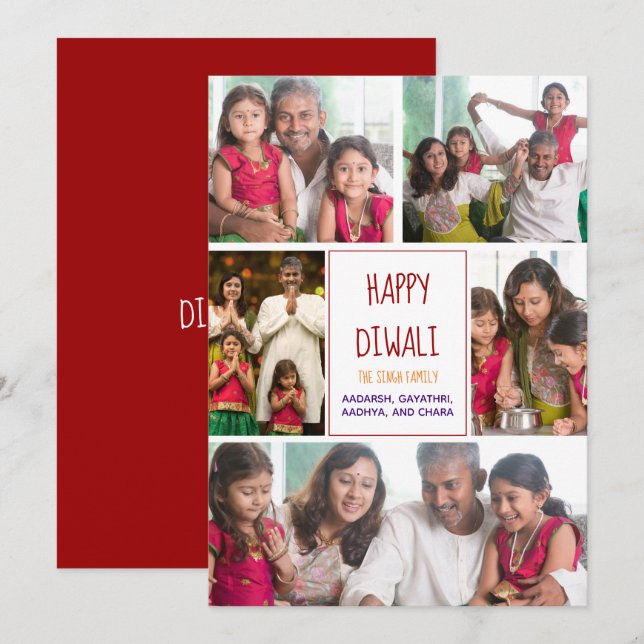 Happy Diwali Modern Photo Collage Red Holiday Card (Front/Back)
