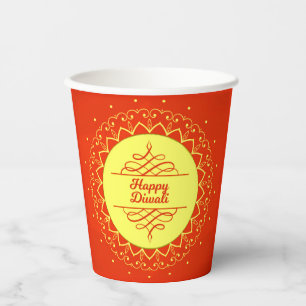 Happy Diwali Orange Cream Mandala Modern Paper Cups