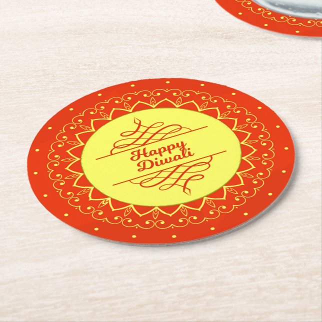 Happy Diwali Orange Cream Mandala Modern  Round Paper Coaster (Angled)