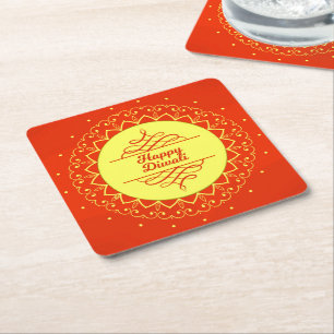 Happy Diwali Orange Cream Mandala Modern  Square Paper Coaster