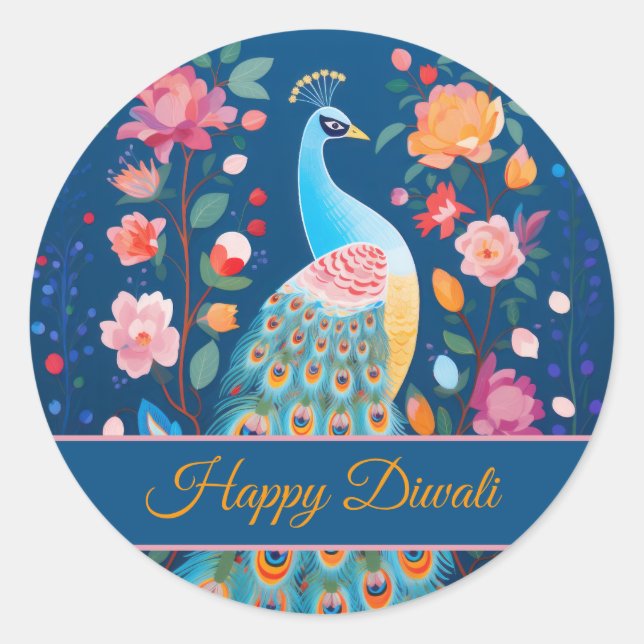 Happy Diwali Peacock & Flowers Classic Round Sticker (Front)