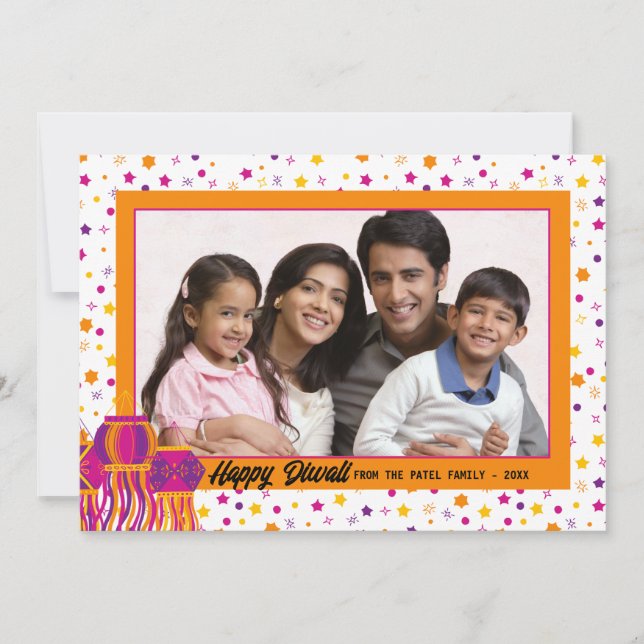 Happy Diwali Photo Colourful Pink Purple Lantern  Holiday Card (Front)