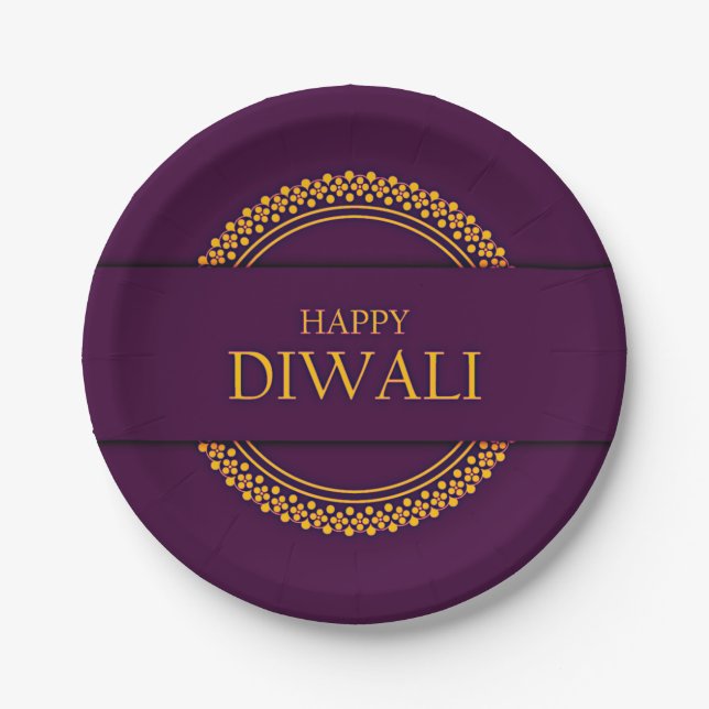 Happy Diwali Purple Gold Elegant 7" Paper Plate (Front)
