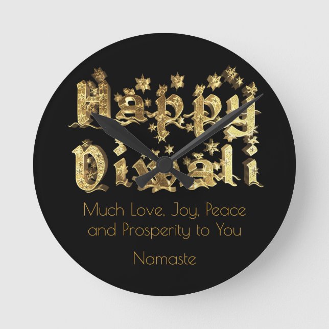 Happy Diwali Quote Black and Gold Star Typography Round Clock (Front)