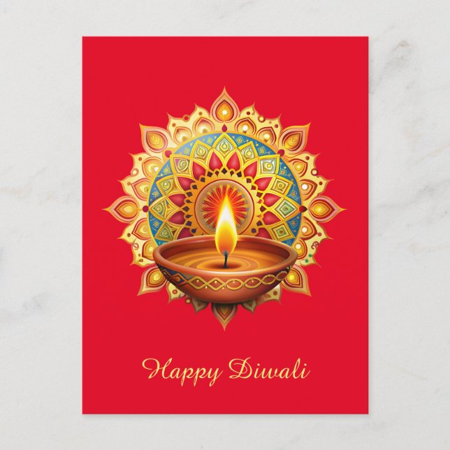 Happy Diwali Rangoli Diya Festival of Light Red Holiday Postcard (Front)