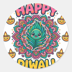 Happy Diwali Rangoli Peacock Classic Round Sticker
