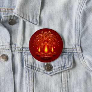 Happy Diwali Red Gold Sparkle Mandala Diya Candles 7.5 Cm Round Badge