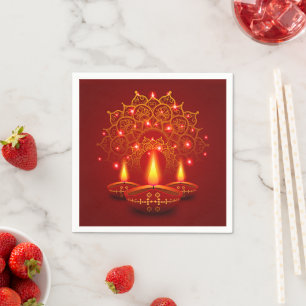Happy Diwali Red Gold Sparkle Mandala Diya Candles Napkin