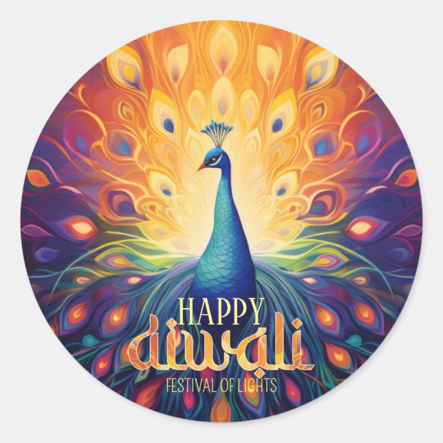 Happy Diwali Vibrant Peacock Festival of Lights  Classic Round Sticker (Front)