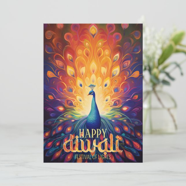 Happy Diwali Vibrant Peacock Festival of Lights  Holiday Card (Standing Front)
