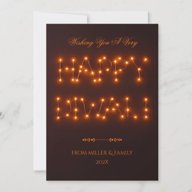 Happy Diwali Warm String Lights Typography Art Holiday Card (Front)