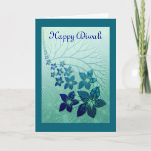 Happy Diwali with blue flower scrolls Card