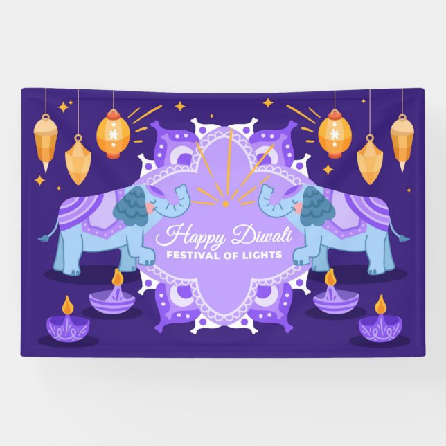 Happy Diwali with Elephants, Rangoli and Diya Banner (Horizontal)