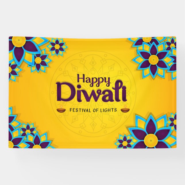 Happy Diwali with Rangoli and Diya Banner (Horizontal)
