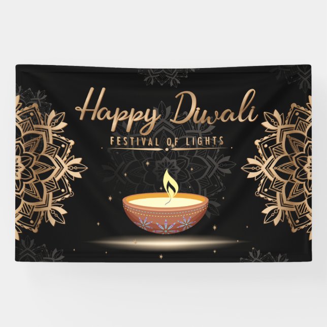 Happy Diwali with Rangoli and Diya Banner (Horizontal)