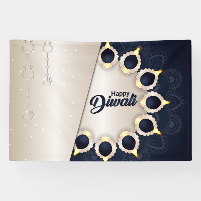 Happy Diwali with Rangoli and Diya Banner (Horizontal)