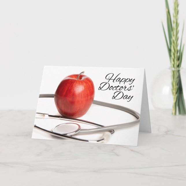 Happy Doctors' Day Red Apple Stethoscope Holiday Card (Front)