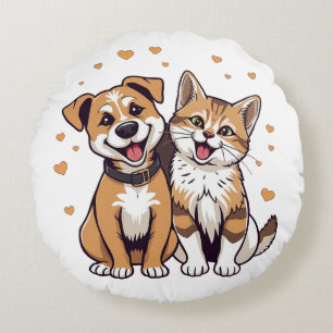 Happy Dog and Cat with Hearts Round Cushion