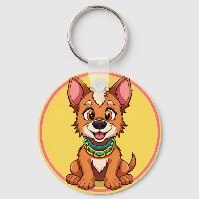 Happy Dog Cartoon Illustration Key Ring (Front)