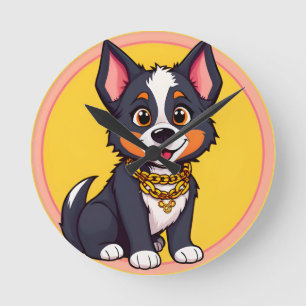 Happy Dog Cartoon Illustration Round Clock