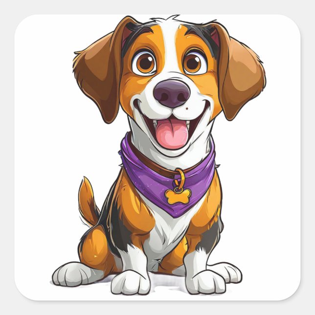 Happy Dog Cartoon Illustration Square Sticker (Front)