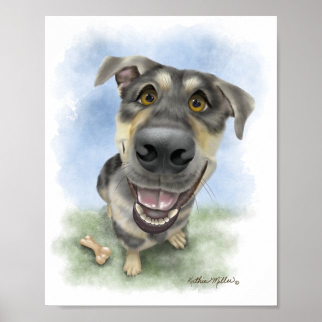 Happy Dog Cartoon Portrait Poster (Front)
