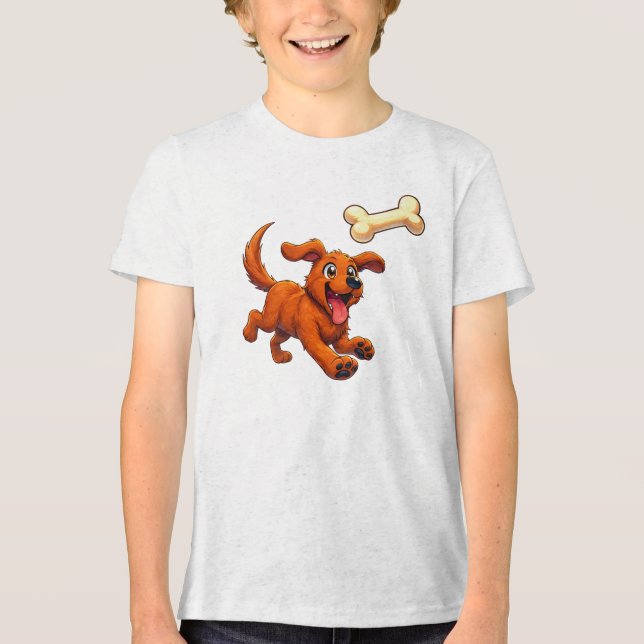 Happy Dog Chasing Bone – Cute Cartoon Puppy T-Shir Tri-Blend Shirt (Front)
