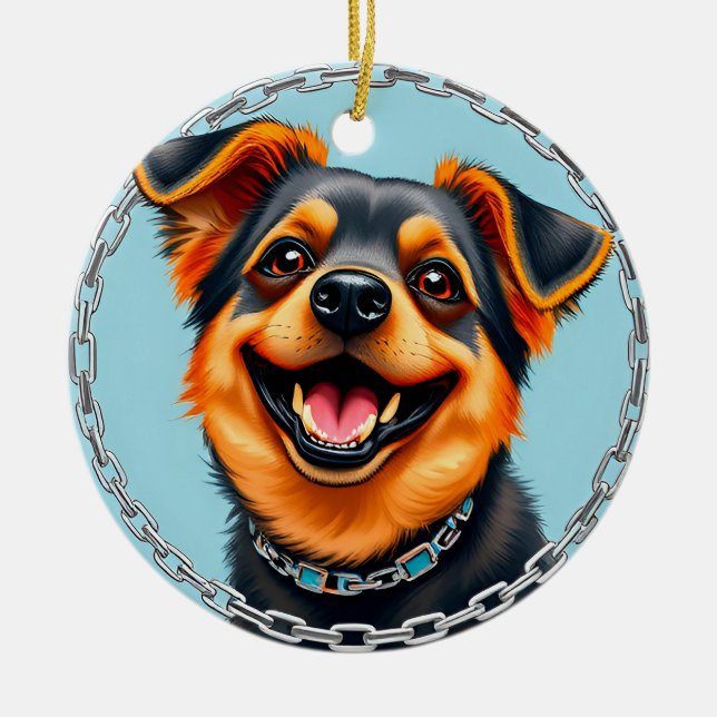 Happy Dog Colourful Digital Illustration Ceramic Tree Decoration (Front)