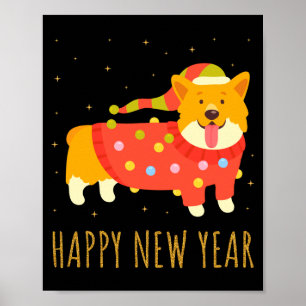 Happy Dog Corgi Celebrating New Year Cozy Christma Poster