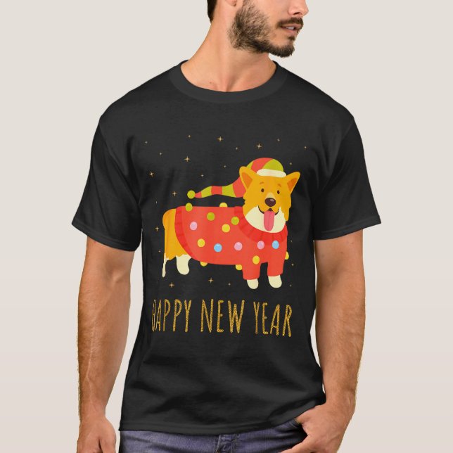 Happy Dog Corgi Celebrating New Year Cozy Christma T-Shirt (Front)