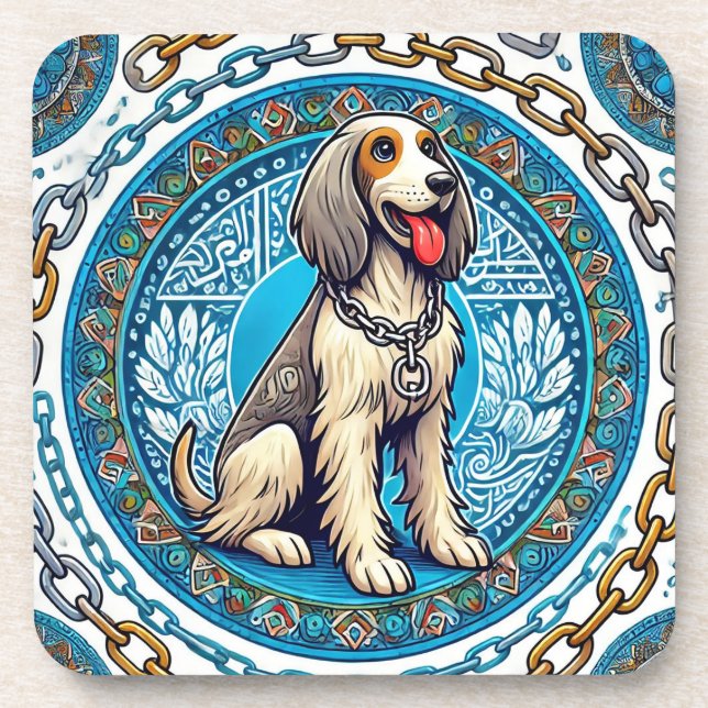 Happy Dog Framed by Decorative Patterns Coaster (Front)