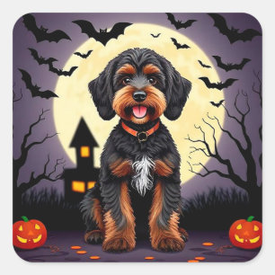 Happy Dog Halloween Theme Cute Pumpkin Square Sticker