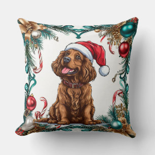 Happy Dog in Santa Hat Celebrating Christmas Cushion