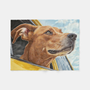 Happy Dog in Yellow Car Art Print Fleece Blanket