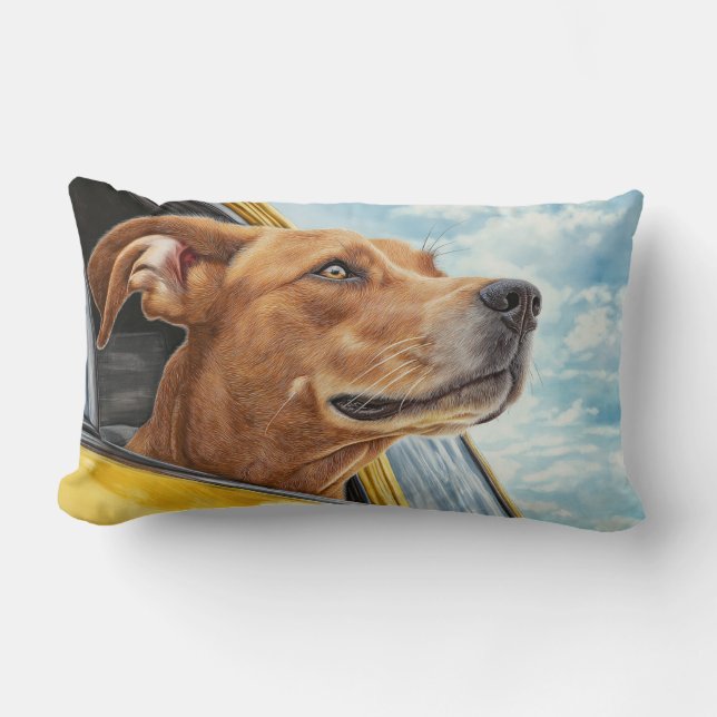 Happy Dog in Yellow Car Art Print Lumbar Cushion (Front)