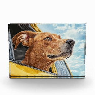 Happy Dog in Yellow Car Art Print Photo Block
