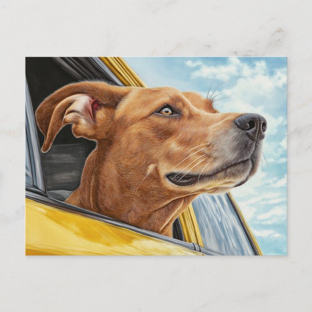 Happy Dog in Yellow Car Art Print Postcard (Front)