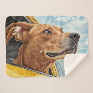 Happy Dog in Yellow Car Art Print Sherpa Blanket