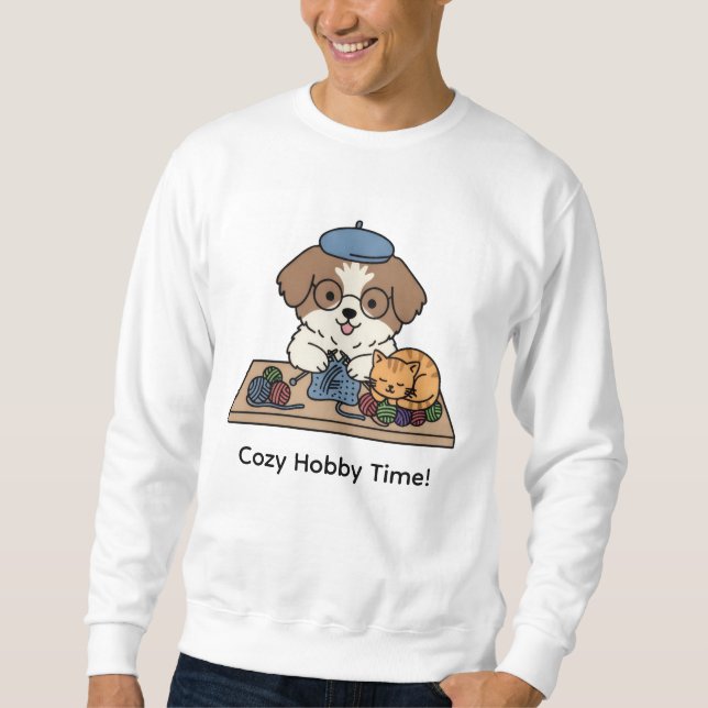 Happy Dog Knitting Cozy Hobby Time Graphic Sweatshirt (Front)