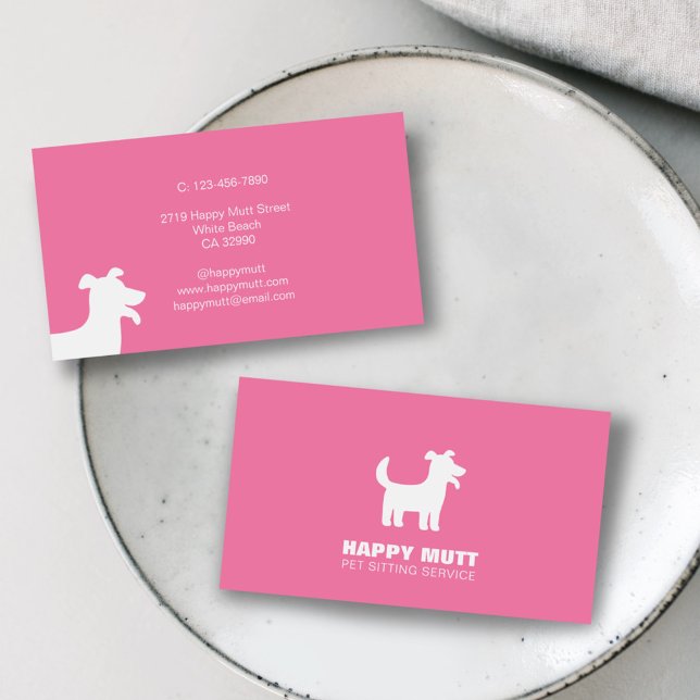 Happy Dog Logo Pet Sitting Service Care Pink Business Card (Creator Uploaded)
