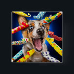 Happy Dog Party Blowers 15 Cm Square Badge<br><div class="desc">It's party time! | Avanti,  the Global Humor Brand™ has been entertaining the world with its Feel Good Funny greeting cards for over 40 years. Our characters live life to the fullest and celebrate the humor in everyday life.</div>
