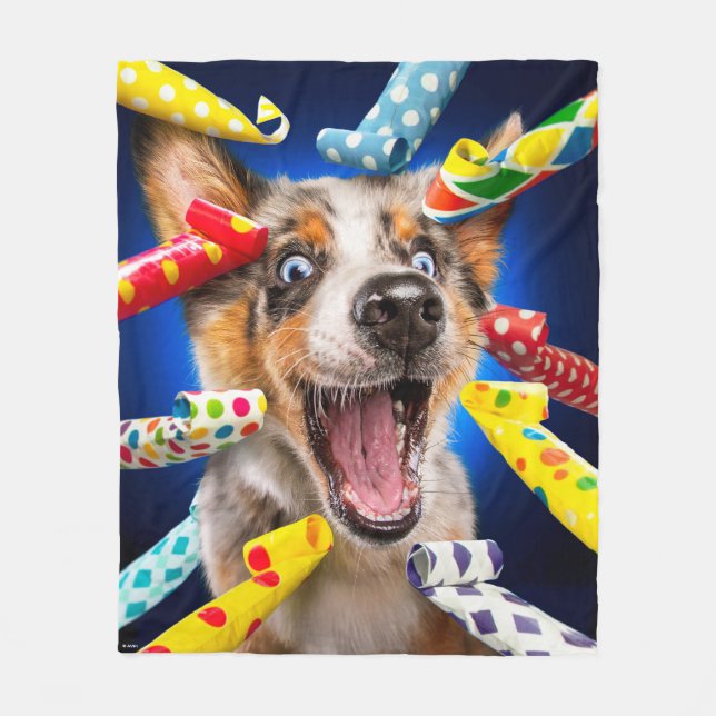 Happy Dog Party Blowers Fleece Blanket (Front)