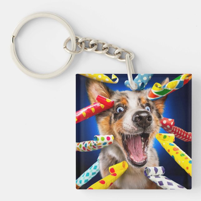 Happy Dog Party Blowers Key Ring (Front)